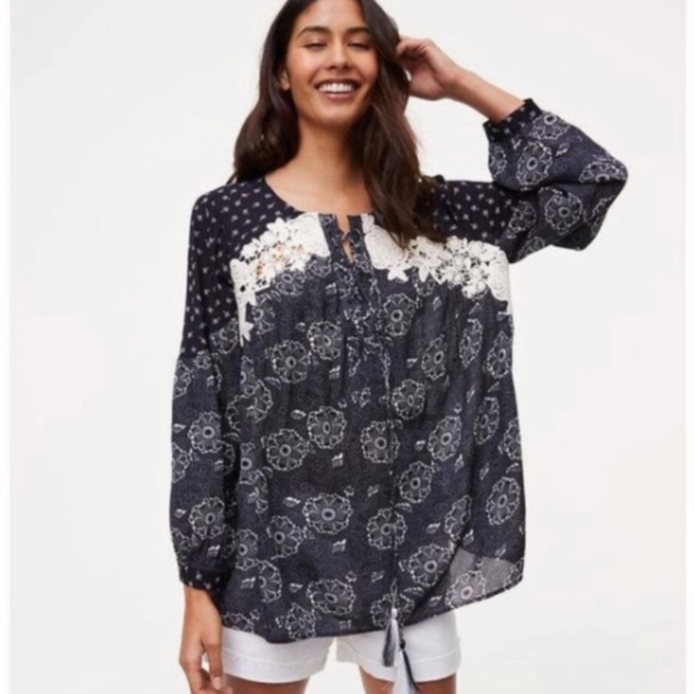 Loft secret garden boho floral lace blouse size XL